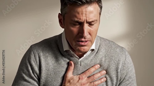 Man Experiencing Chest Pain or Discomfort, Showing Expressions of Distress and Pain