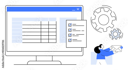 Data management, task organization, automation, workflow optimization, productivity, digital solutions. Table data on screen, checklist gears person with envelope. Data management and task