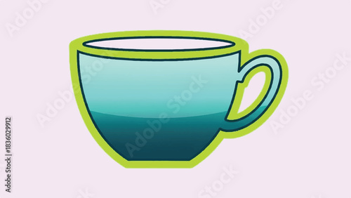 A simple illustration of a teal coffee cup with a bright green outline.