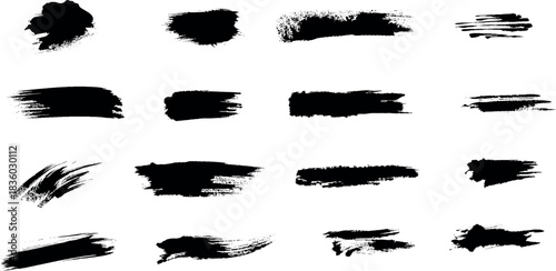 set of black ink splashes brush strokes, set of black and white paint splashed rough grunge brush set vector design made by hand drawn various black lines.	