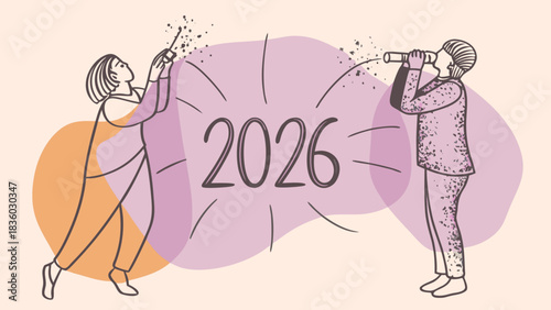Two people looking towards the future in the year 2026 with sparklers and a telescope celebrating new beginnings and opportunities