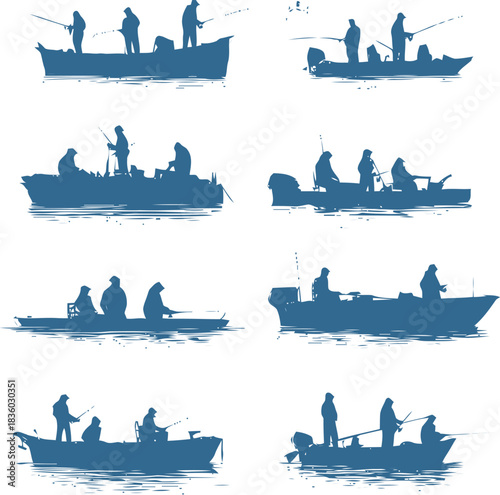 Silhouetted fishermen on boats, peaceful maritime recreation and solitary water fishing