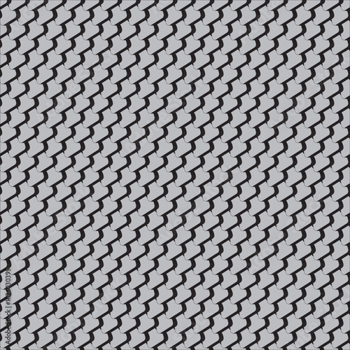 A seamless vector pattern featuring interlocking abstract black shapes that resemble scales, a chain link, or a knitting stitch on a light grey background. Ideal for textiles, fabric, wallpaper, and d