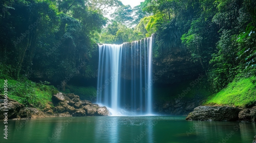 Fototapeta premium Lush rainforest frames the cascading waterfall, creating a tranquil tropical paradise scenery