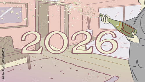 A person in a suit pops open a champagne bottle spraying bubbly liquid in a room with the year 2026 displayed prominently
