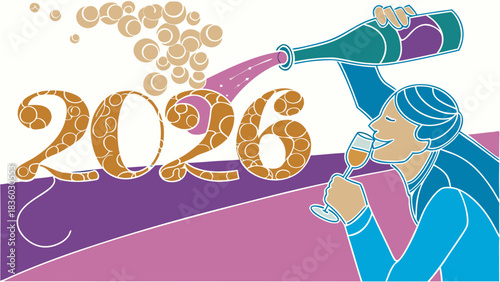 Stylized illustration of a person pouring sparkling wine into a glass celebrating the year 2026 with bubbly accents