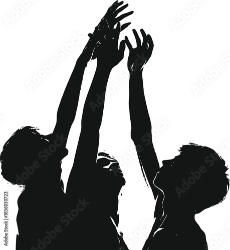Dynamic silhouette reaching figures symbolizing aspirations, collective effort, and unity in action