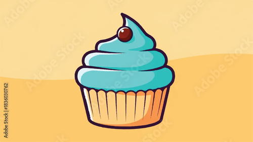 A delicious turquoise frosted cupcake with a cherry on top.