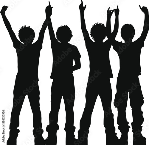 Energetic silhouettes of teenagers celebrate a victory with positive expressions of excitement