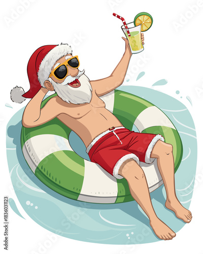 Summer Santa Pool Party – Funny Shirtless Santa Relaxing on Inflatable Float with Cocktail Christmas Illustration
