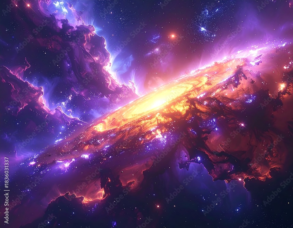 Obraz premium A vibrant cosmic scene showcases a swirling galaxy and nebula
