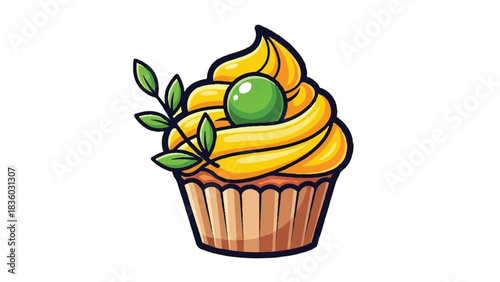 Delicious Cupcake with Yellow Frosting Green Berry and Fresh Leaves.