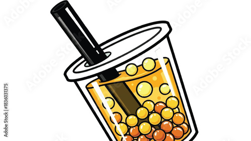 Illustration of a refreshing bubble tea drink with tapioca pearls.