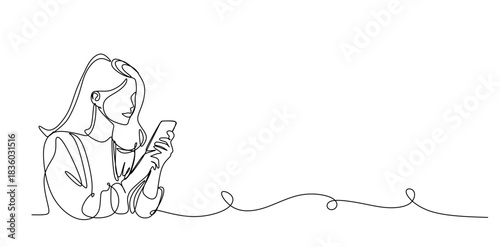 Continuous line art of a young woman with tied hair sitting while playing with her smartphone. Vector illustration