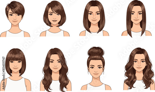 Cartoon female character hairstyles set, different hair lengths and styles for woman avatar illustration, beauty fashion concept, isolated on white background
