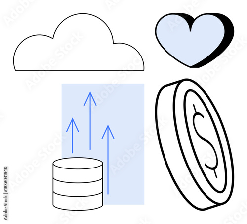 Cloud computing, financial management, data storage, digital marketing, economic growth, technology advancement. Cloud, coin with dollar sign arrows and database. Cloud computing and financial