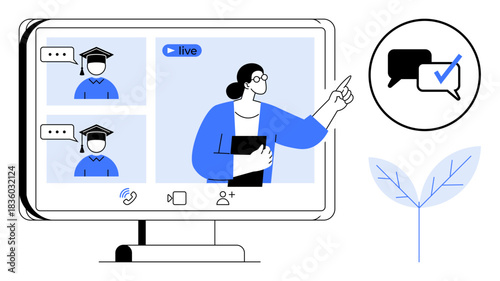 Fotografie Teacher guiding students on live video call, chat icon with checkmark, and decorative leaf