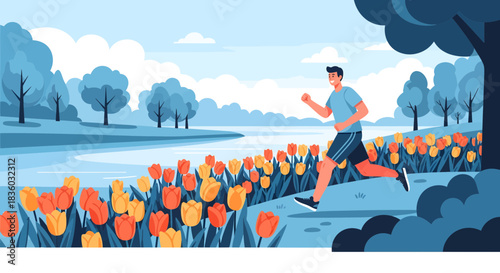 Invigorating morning run through a vibrant tulip garden, health and wellness