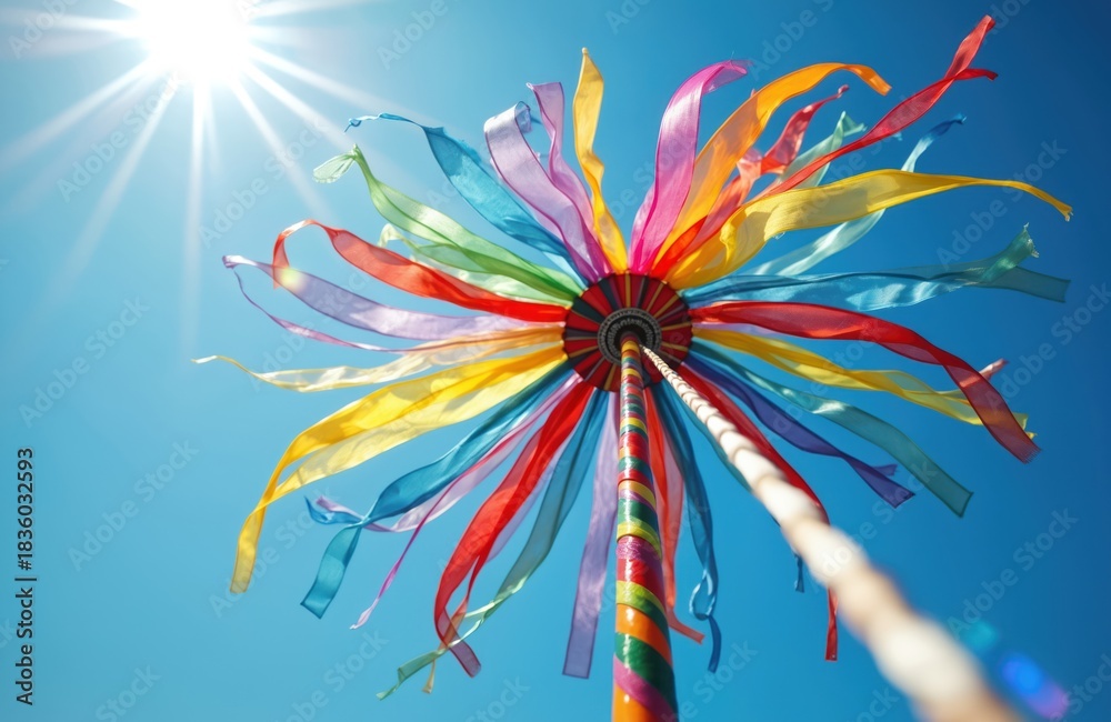 Fototapeta premium Colourful maypole with rainbow ribbons blowing in wind against sunny blue sky. Low angle view of joyful spring folk festival. Custom of May Day dancing, traditional pagan celebration with vibrant