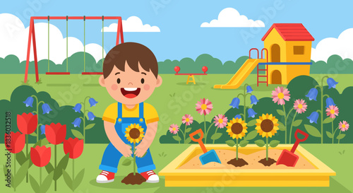 Happy little boy gardening in a colorful playground illustration scene
