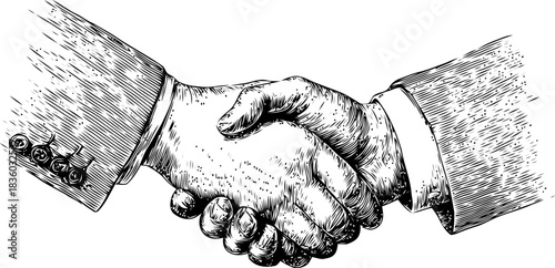 Engraved handshake illustration symbolizing agreement, partnership, cooperation and trust