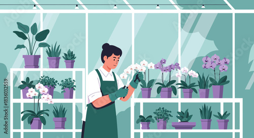 Woman tending to orchids in a greenhouse, nurturing botanical beauty illustration