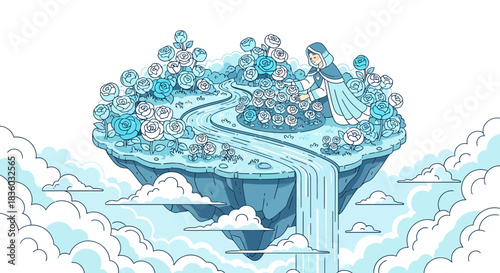 Floating serenity: a floral island oasis with caretaker in pastel tones