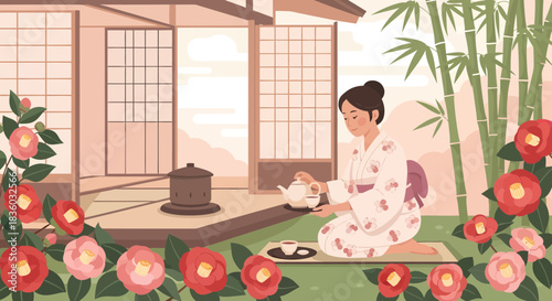 Elegant Japanese woman enjoys a traditional tea ceremony in a serene setting