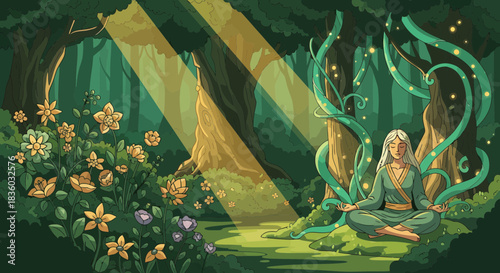 Ethereal zen: Woman meditating amidst forest with flowing, glowing vines