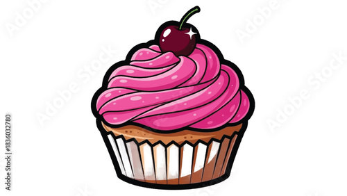 Delicious Pink Frosted Cupcake with Cherry Topping.