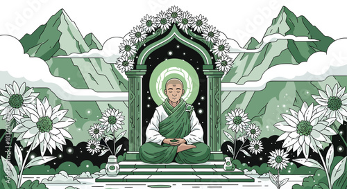 Meditative Monk in Serene Green Landscape Surrounded by Floral Harmony