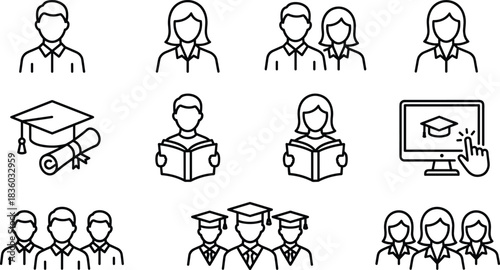 Business Concepts and Development Icon Set, Teamwork, Creativity, Innovation, Training, Strategy, Learning, Workshop, and Problem-Solving Symbols for Success