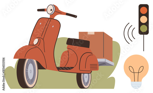 Red scooter carrying a package, traffic light with signals, light bulb symbolizing innovation. Ideal for delivery, transportation, technology, eco ideas, logistics, urban mobility creative