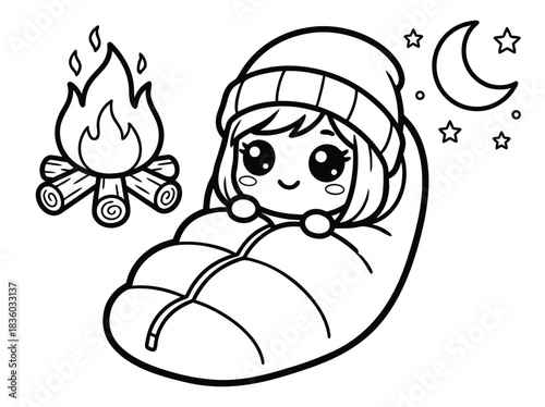 Cute camper girl in sleeping bag coloring page.
