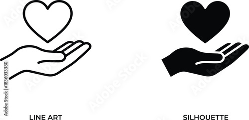 Hand Holding Heart Icon Symbol, Line Art and Silhouette Vector Graphic Representing Love, Care, Donation, Health, Volunteering, Charity, and Generosity on Isolated White Background