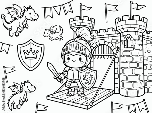 Cute Knight and Dragon Coloring Page for Kids.