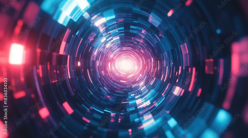Obraz premium Abstract Sci-fi Vortex: Low-Poly Geometric Shapes with Red and Blue Illumination