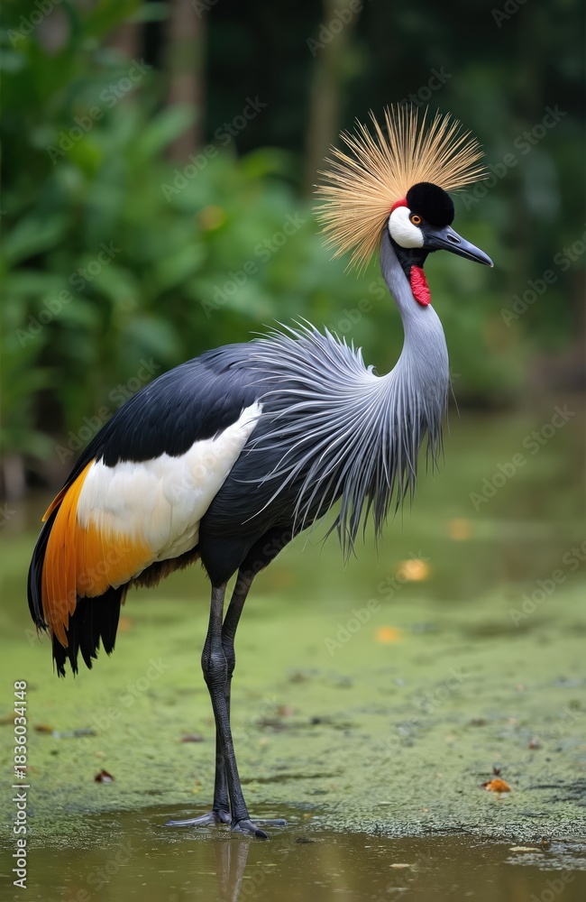 Fototapeta premium Gray crowned crane stands in calm water. Head features distinctive golden spiky crown. Beautiful wild bird shows black, white, orange, grey plumage, red throat wattle. Stunning exotic African animal