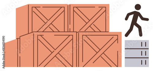 Person descending from stacked pallets beside tall wooden crates. Ideal for logistics, warehouse, storage, shipping, supply chain, operations, simple flat metaphor