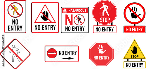 No entry signs and icons vector bundle set featuring clear prohibition symbols, traffic restriction icons, and road safety graphics.