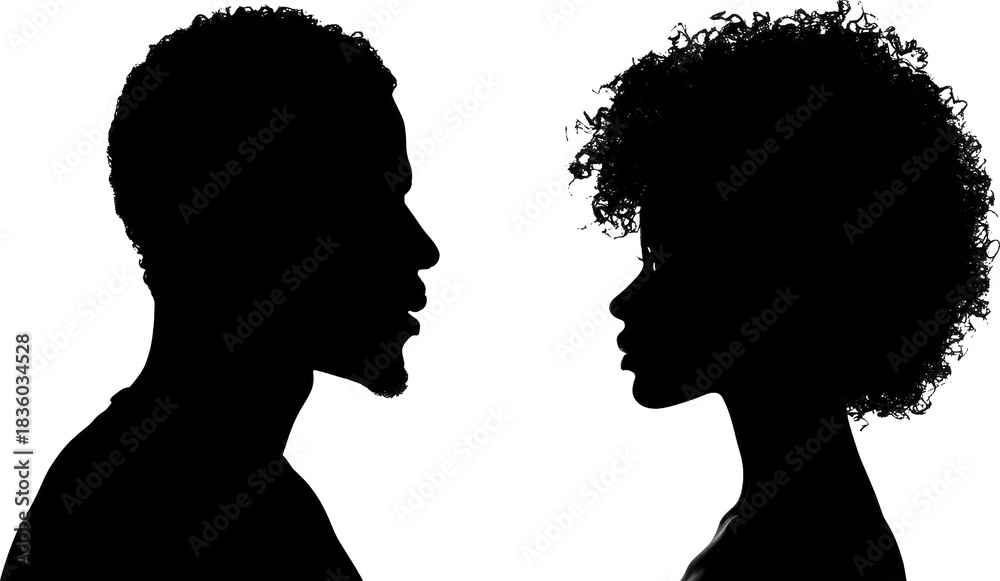 Fototapeta premium Silhouette profile couple face afro romantic mood in side view portrait of two people
