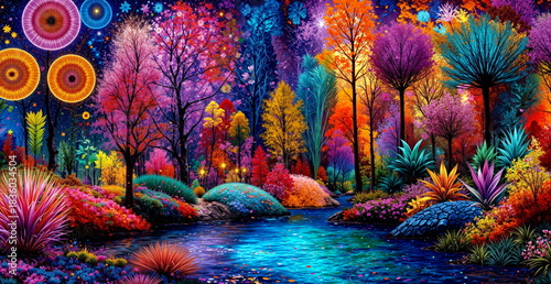 Enchanted forest at night with a glowing river, vibrantly colored trees, and luminous celestial flowers, a psychedelic digital illustration