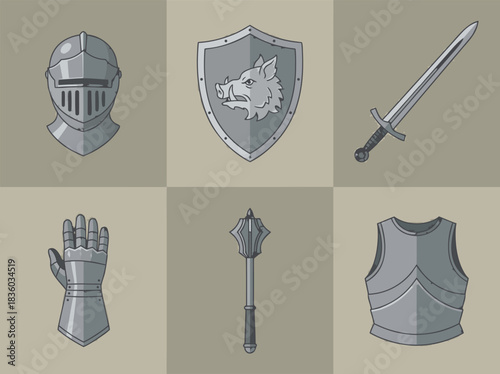 Medieval Knight Armor and Weapons Set Illustration.