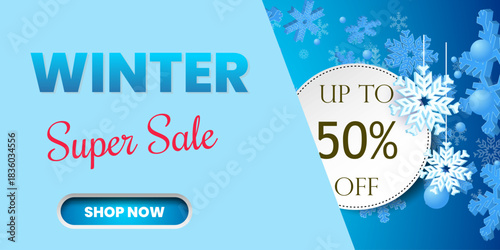 Seasonal Promotion Banner Winter Super Sale with Snowflake Background and 50% Off Discount Circle for Cold Weather E commerce Campaigns