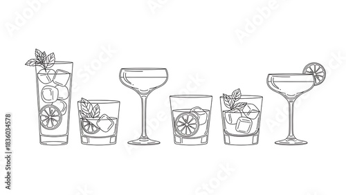One line art of  line art illustration of various cocktail glasses with ice cubes and citrus garnish on white background
