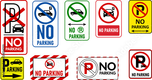 No parking signs and icons vector bundle set featuring clear prohibition symbols, parking restriction graphics, and traffic icons.