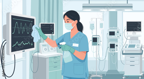 Hygiene Guardian: Dedicated Healthcare Worker Sanitizing Medical Equipment Diligently