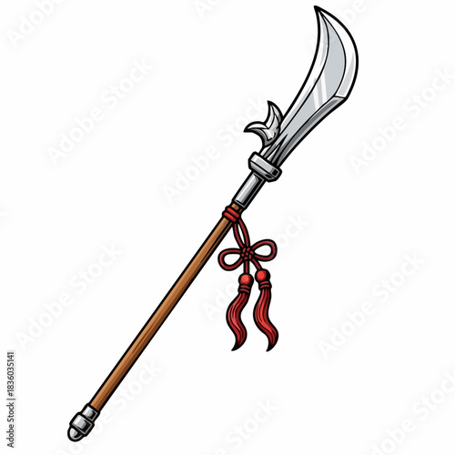 Guan dao displayed as illustration, ancient chinese weapon with long handle. The Guan dao blade represents the power and martial skill of historical warriors, it is an example ancient chinese weapon.