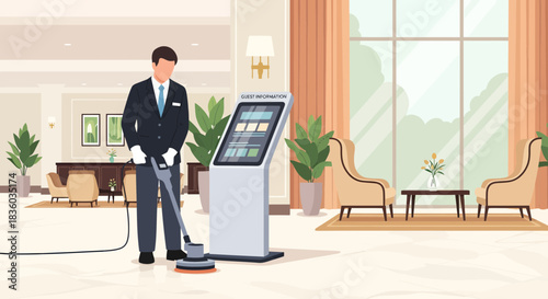 Animated illustration of a professional floor cleaner at a modern hotel lobby