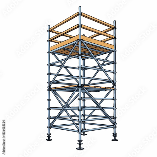 Scaffolding structure construction shows assembled metallic scaffolding. Scaffolding for construction site works, scaffolding to elevate workers, building new structure.